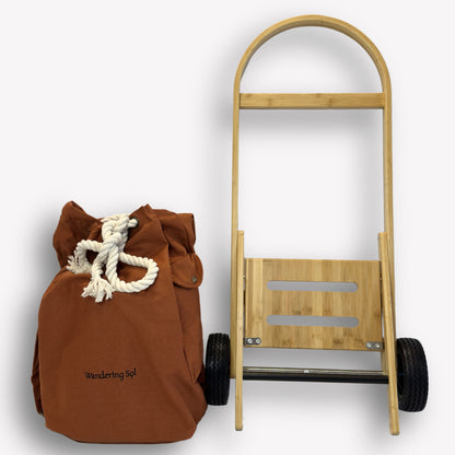 Nimble Market Cart folded flat for storage – compact bamboo frame with Clay Brown canvas bag removed