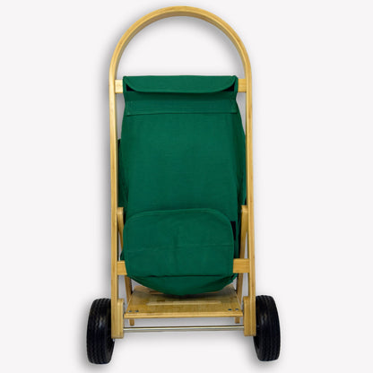 Nimble Market Cart back view – showing bamboo frame with attached recycled canvas bag in Emerald Green