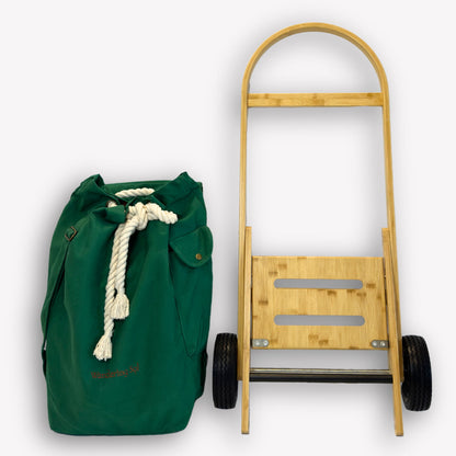 Nimble Market Cart folded flat for storage – compact bamboo frame with Emerald Green canvas bag removed