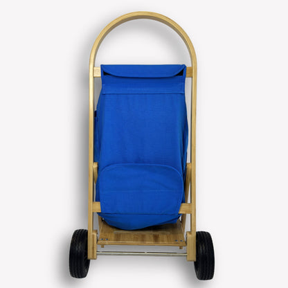 Nimble Market Cart back view – showing bamboo frame with attached recycled canvas bag in Ningaloo Blue