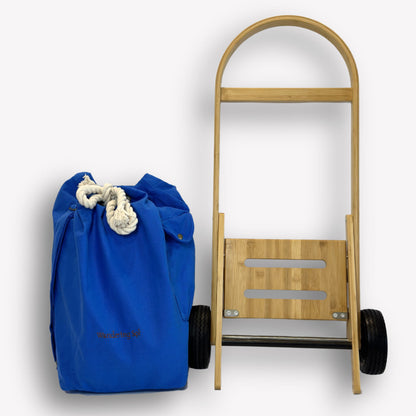 Nimble Market Cart folded flat for storage – compact bamboo frame with Ningaloo Blue canvas bag removed