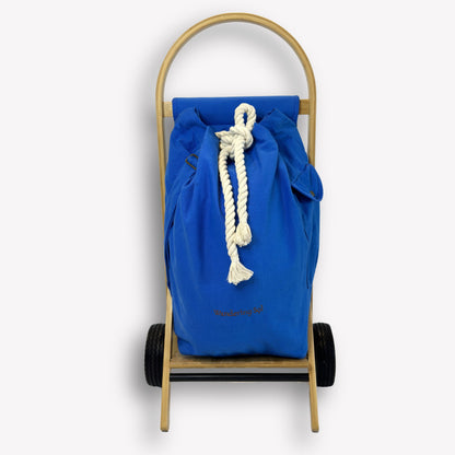 Nimble Market Cart front view – bamboo frame with attached recycled canvas bag in Ningaloo Blue