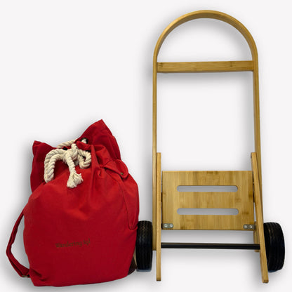 Nimble Market Cart folded flat for storage – compact bamboo frame with Pilbara Red canvas bag removed