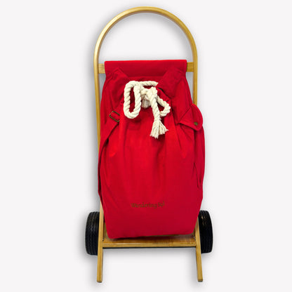 Nimble Market Cart front view – bamboo frame with attached recycled canvas bag in Pilbara Red