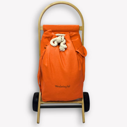 Nimble Market Cart front view – bamboo frame with attached recycled canvas bag in Sunset Orange